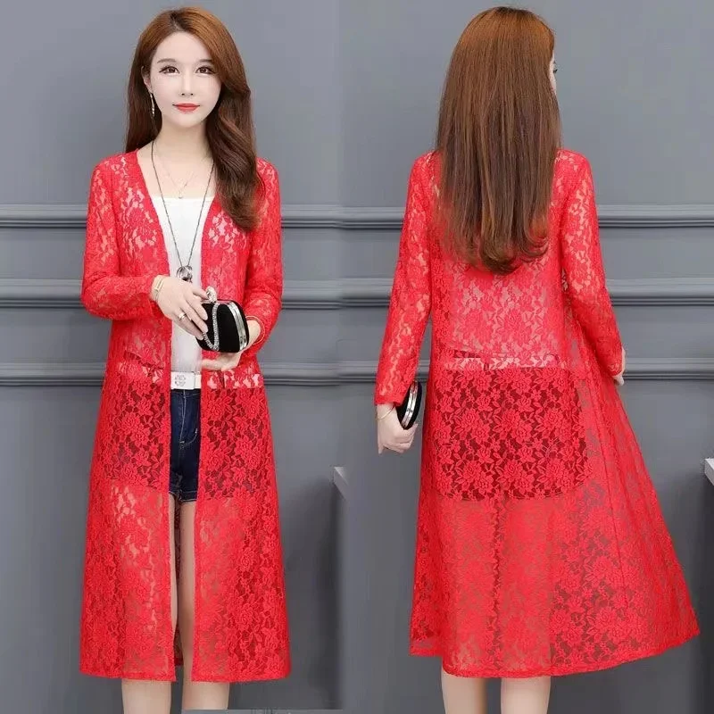 Fashion Women Lace Cardigan Mid-length Summer Mesh Shawl Loose Sun Protection Clothing Women Jacket Shirt Outerwear 5