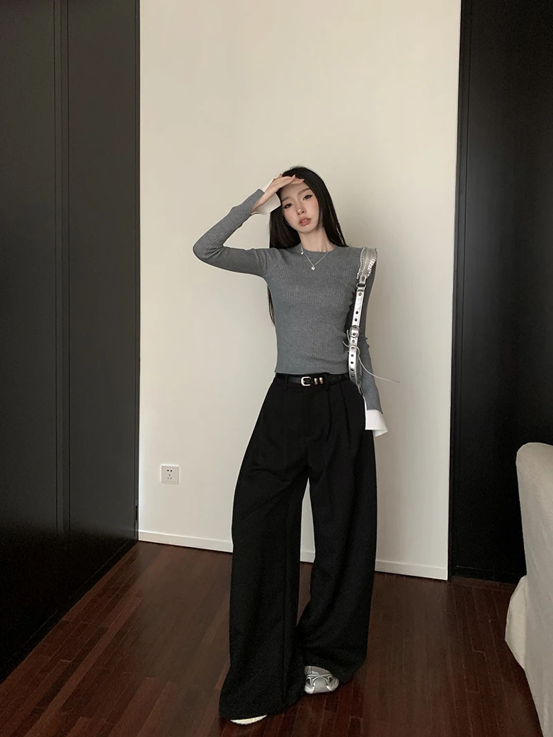High Waist Wide Leg Pants For Women New Loose Straight Black Trousers Autumn Double Buttons Casual Suit Pants Female