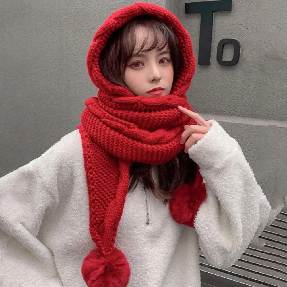 

Twist Trim Knitted Scarf Hat New Ear Protection Thickened Hooded Scarf Plush Balls Decor Women Costume Accessories