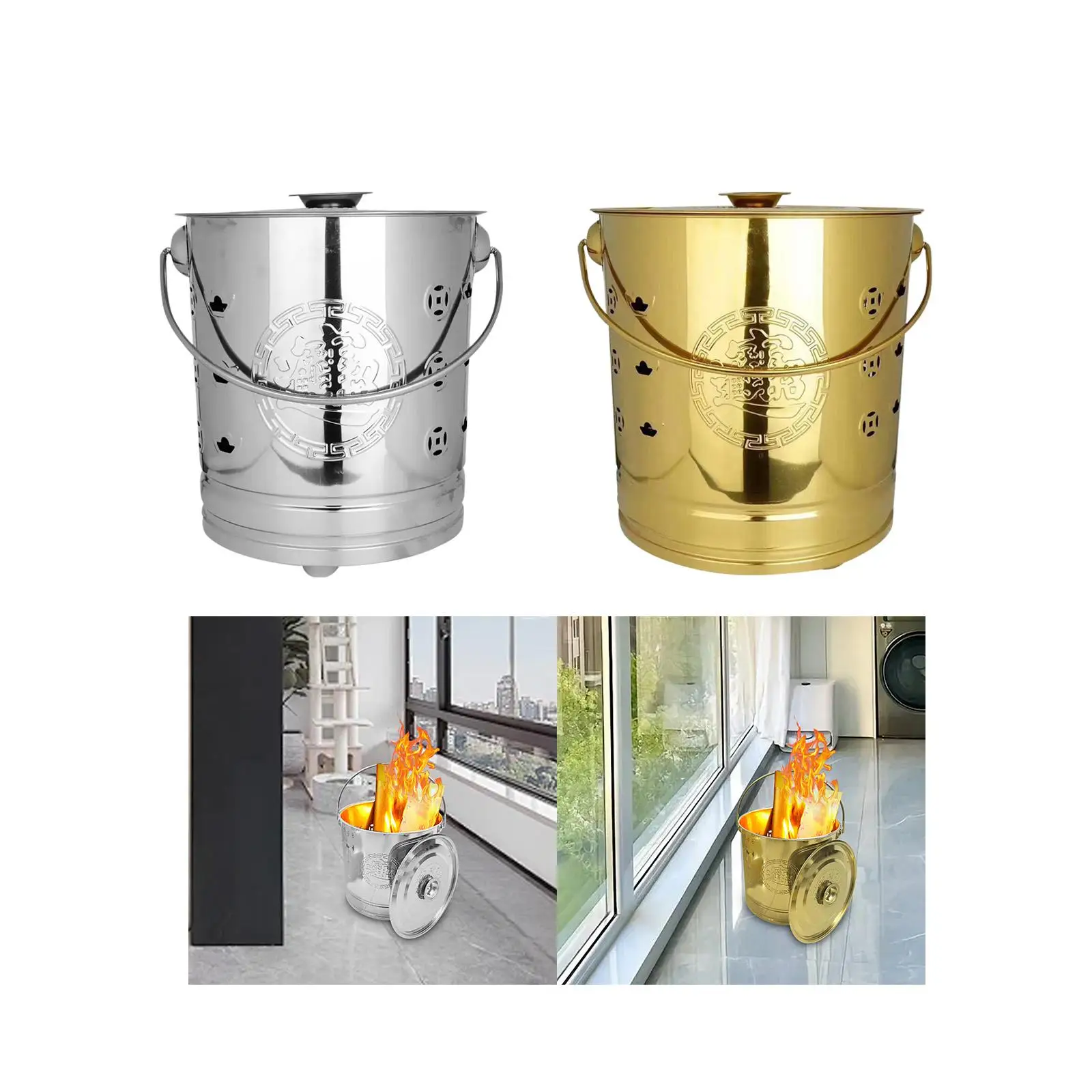 Burning Bucket with Lid Traditional Iron Fireplace Ash Bucket Fire Basin