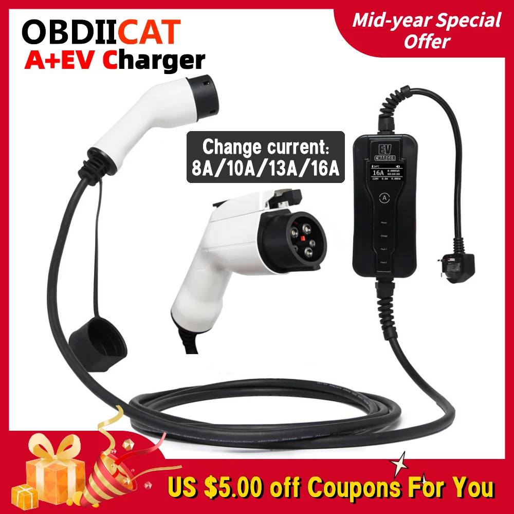 

EV зарядное устройство Type1 Type2 8/10/13/16a для электромобиля портативный EVSE зарядный кабель 5 м штепсельная вилка ЕС J1772