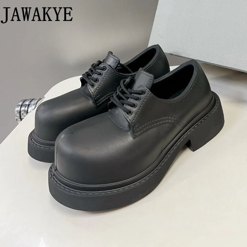 

Black Leather Big Round Toe Derby Shoes Unisex Flat Platform School Girl's Height Increasing Shoes Casual Men & Women's Oxfords