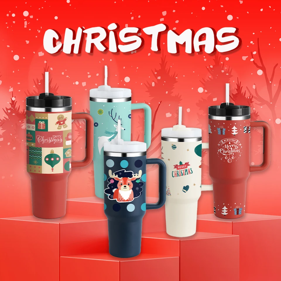 1pc 1200ml/40oz Portable Engraved Christmas Tumbler 2.0 With Handle,  Stainless Steel Insulation Cup With Straw