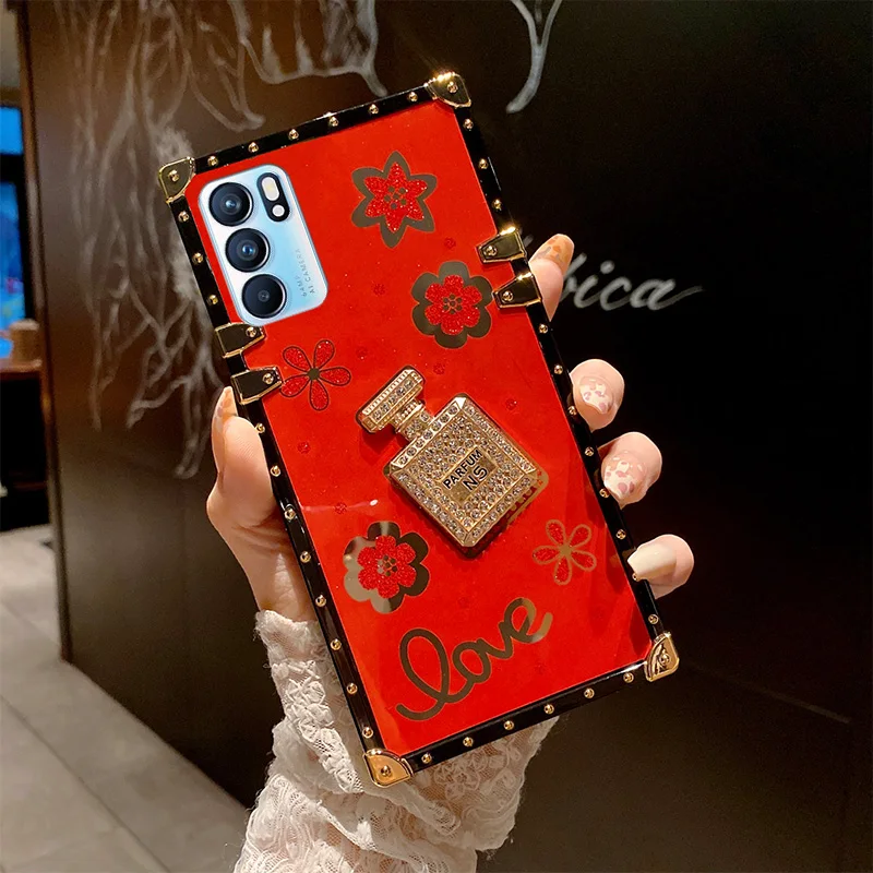 Custodia per bottiglia di profumo di diamante di lusso per Oppo Reno 2Z 3 5 6 Pro Find X2 X3 Neo Lite Cover protettiva per telefono morbida quadrata_voghion.com