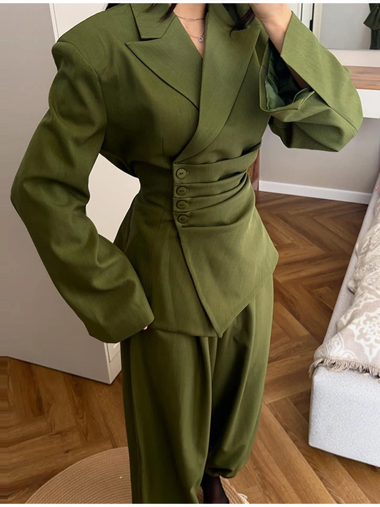 2026 Neues Olivgrünes Zweiteiler-Set Wickelblazer mit Gürtel Schmal Geschnittene Hose Formelle Büro-Pendler-Streetwear Mode-Outfits – Detail 6