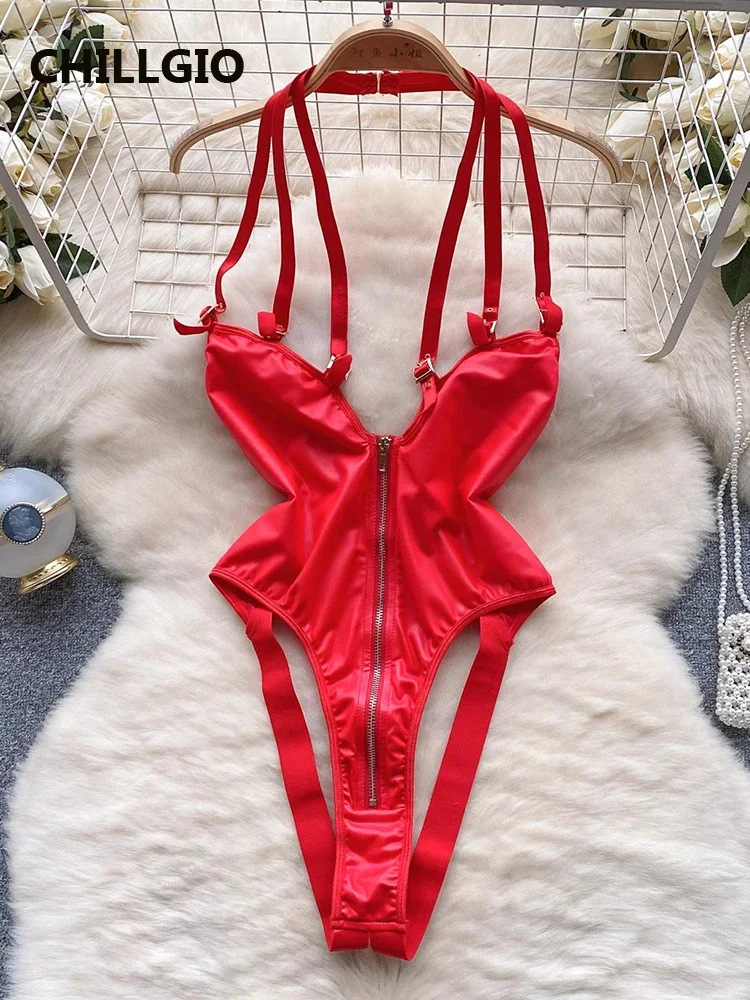 

CHILLGIO Women Zipper Halter Bodysuits Fashion One Piece Combination Onesie Lingerie Skinny Catsuits Solid Backless Sexy Rompers