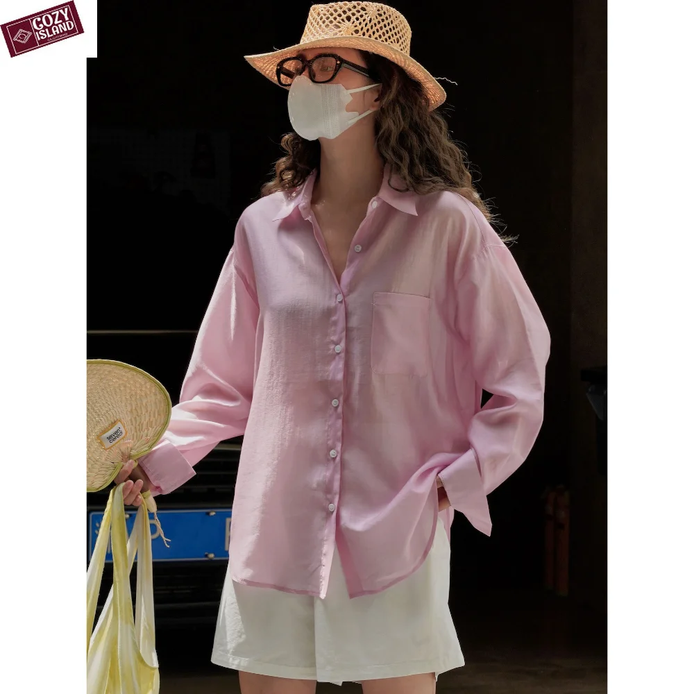 

Summer Pink Shirts Lyocell Tops Women Thin Lapel Sunscreen Fashion Loose Silhouette Lightness Blouses Refreshing Sun Protection