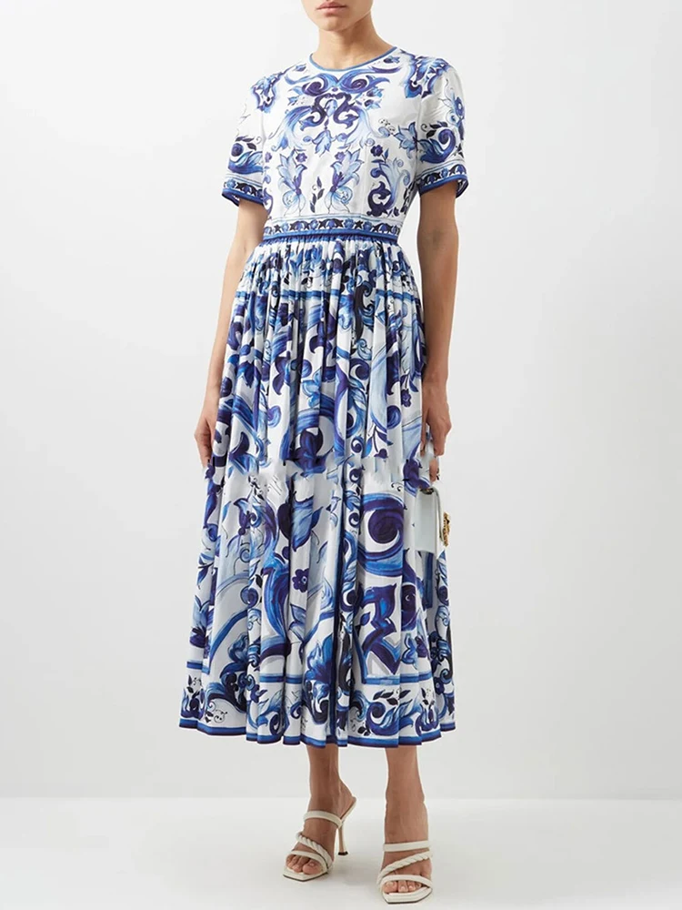 

Vintage geometric print round neck pullover short sleeve high waist dress women's new summer fashion loose pleated shampan skirt