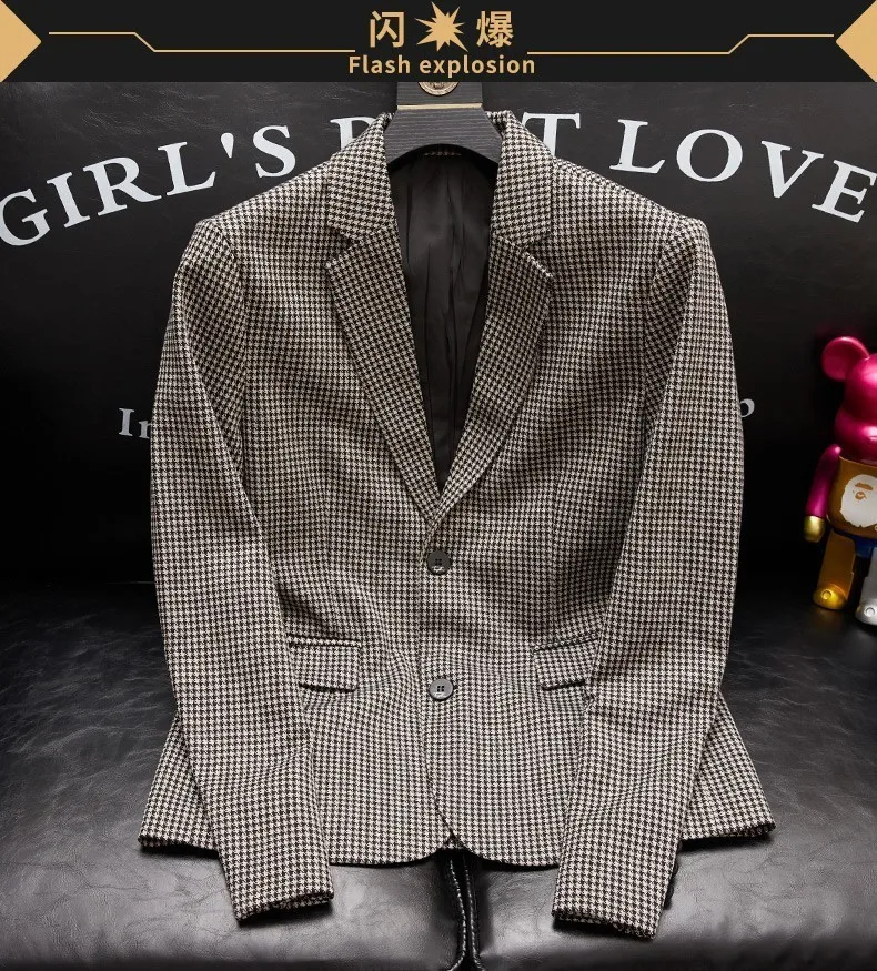 Plus-Size Herren Frühjahr neuer koreanischer Stil Slim-Fit trendige hübsche einreihige Hahnentritt-Anzugjacke – Detail 8