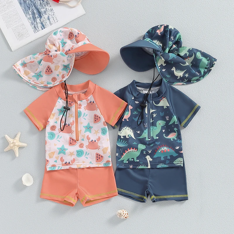 Boys Three Piece Rash Guard Swimsuits Kids Short Sleeve Dinosaur Tops Shorts Swimwear Sets with Sun Hat 3M-3T