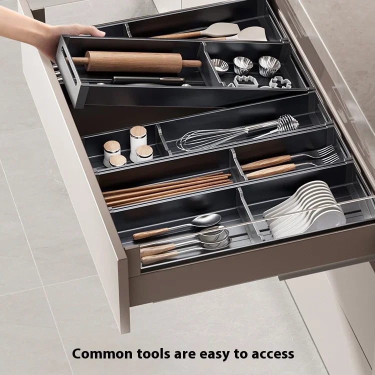 Kitchen storage box, aluminum alloy drawer, compartmentalized tableware, multifunctional knife, fork, chopstick partition box