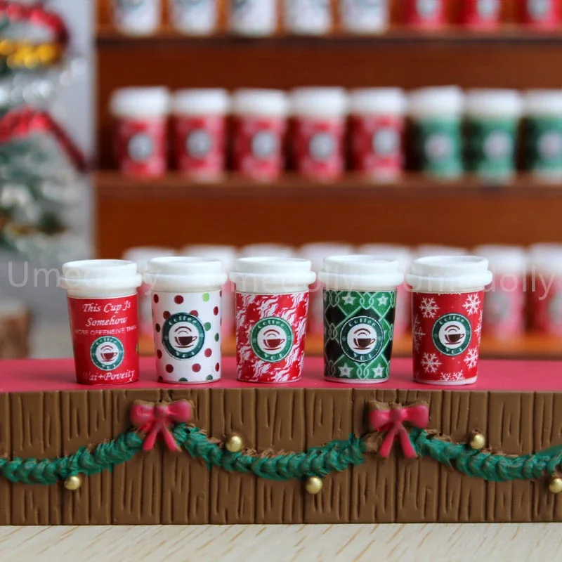 5PCS 1:6 Scale Miniature Dollhouse Mini Christmas Coffee Mugsd Mini Drinks for OB11 BJD Doll Accessories Toy