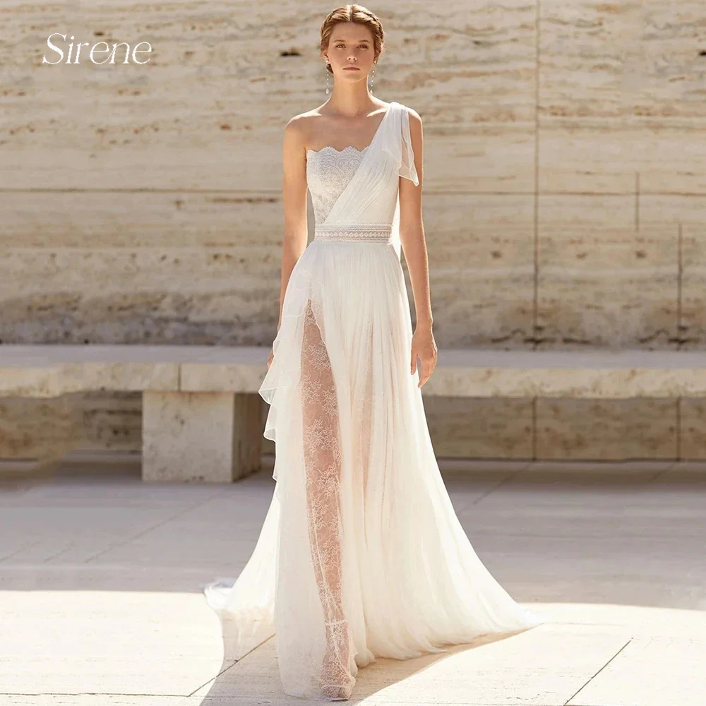 

Sirene BOHO Lace Appliques One Shoulder Chiffon Wedding Dress Elegant Sleeveless A-Line Strapless Bridal Gowns Vestidos De Novia