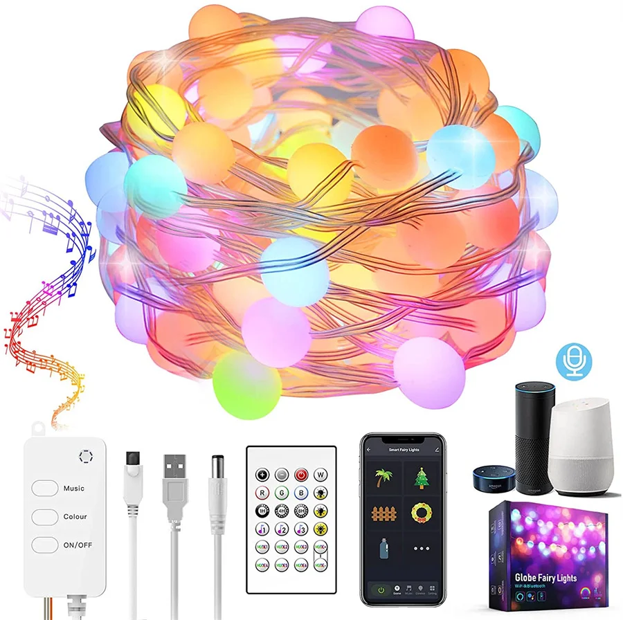

10M Tuya Wifi Bluetooth Smart String Light Outdoor App Control RGB Globe String Light with Remote Sync Music for Christmas Decor