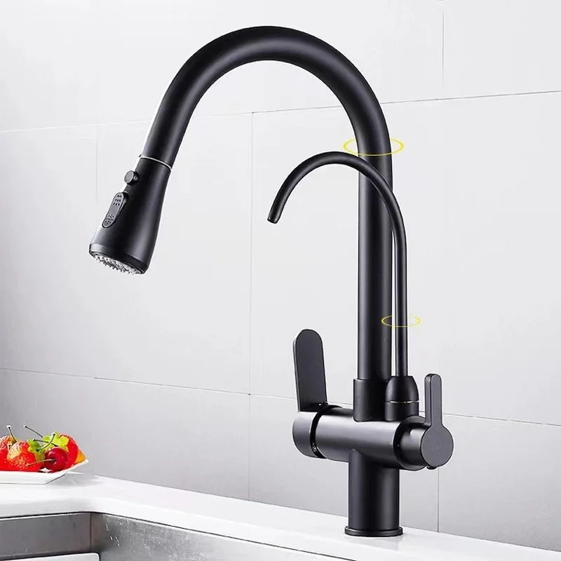 

360 Rotation Water Filter Tap 3 in 1 Kitchen Faucet Filtered Crane For Kitchen Pull Out Spray 3 Ways Sink Mixer Kitchen Tap