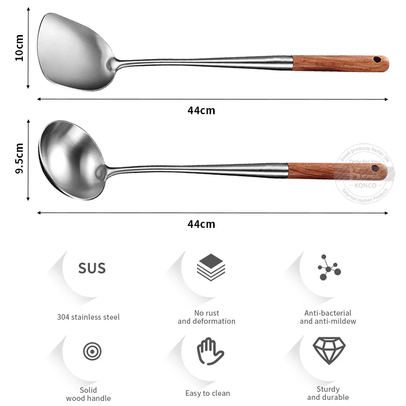 Kitchen Utensils Konco 304 Stainless Steel Spatula Spoon Wok Spatula Wooden Handle Shovel Scoop Kitchen Cooking Tool
