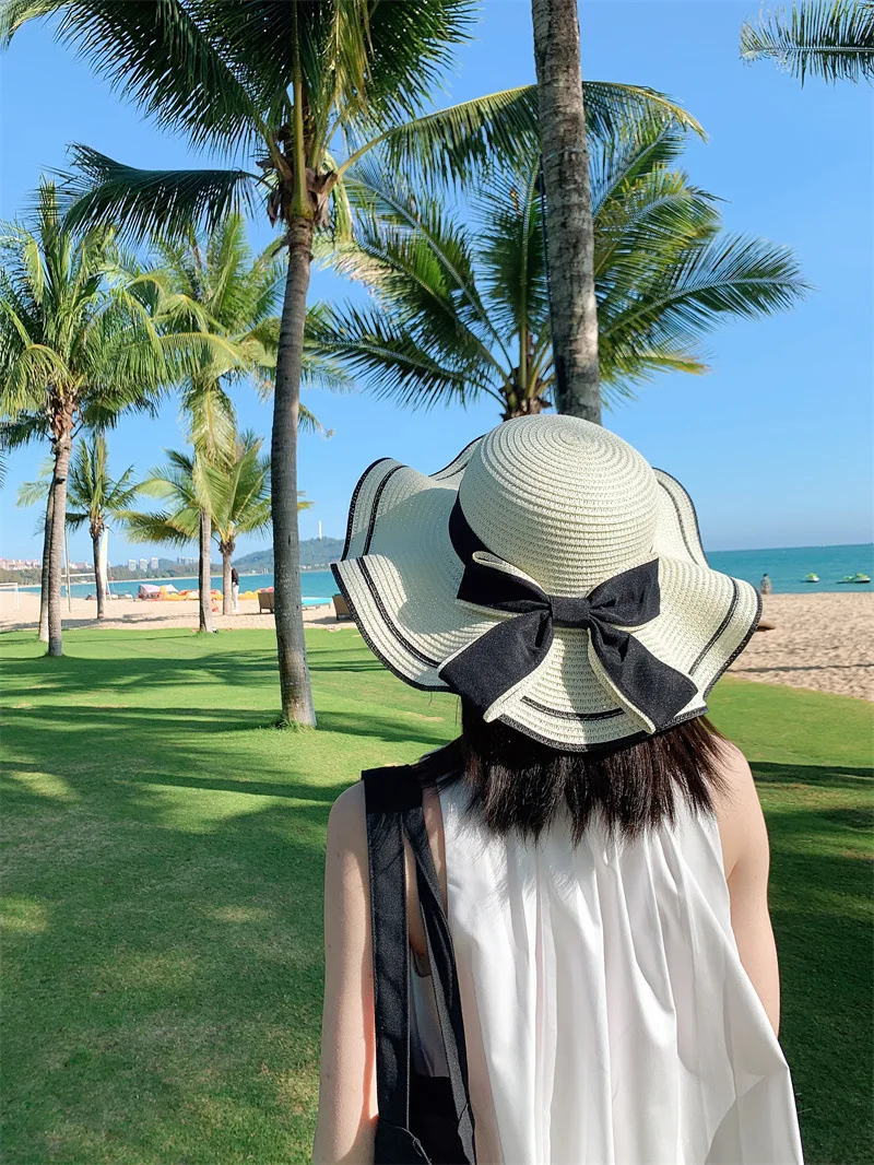 Breite Krempe Floppy Beach Bowknot Panama Lady Casual Sonnenhüte für Frauen Strohhut_voghion.com