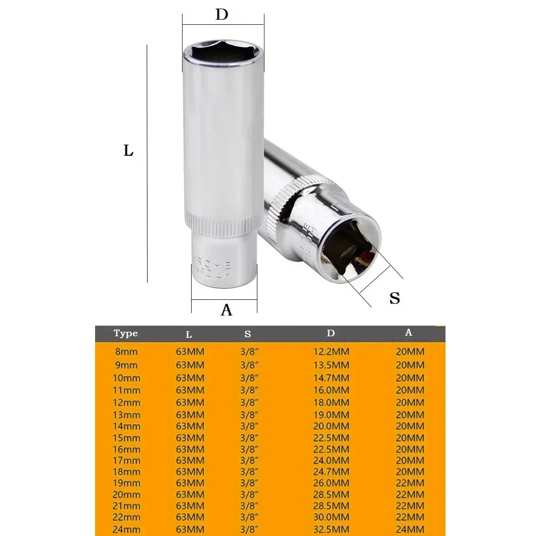 1PC 3/8inch Deep Socket Adapter Medium Fly Hex Long Socket Wrench Heads Chromium-vanadium Steel Ratchet Wrench Adapter 8-24mm 6