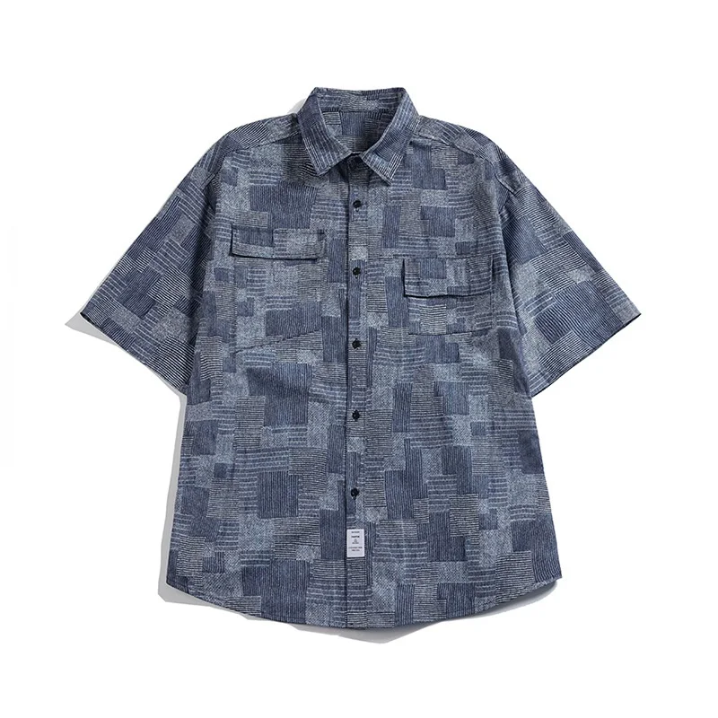 

Color matching plaid short-sleeved button shirt men summer five-point sleeve loose tooling shirt Japanese fashion all-match top