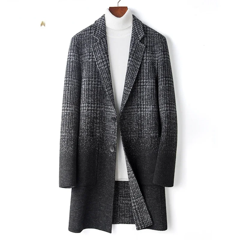 

2023 Autumn Winter Men's Fashion Gradient Plaid Woolen Jackets Male Long Sleeve Outerwear Men Long Wool Windbreaker Coats