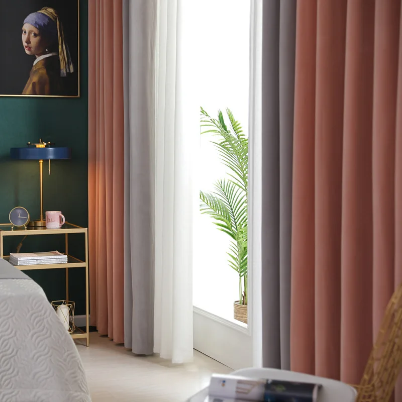 

Customized Mink Velvet Solid Color Stitching Blackout Sound Insulation Living Room Blackout Curtains Kitchen Bedroom