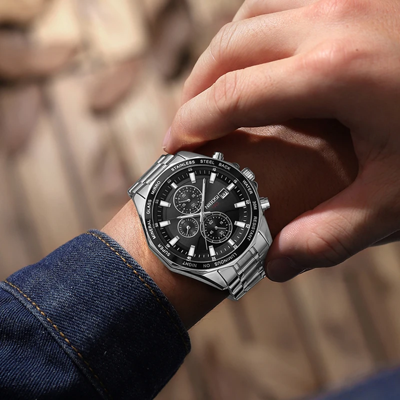NIBOS Sport Big Dial Mens Watches Top Brand Luxury Stainless Steel Waterproof Chronograph Quartz Watch for Men Relogio Masculino