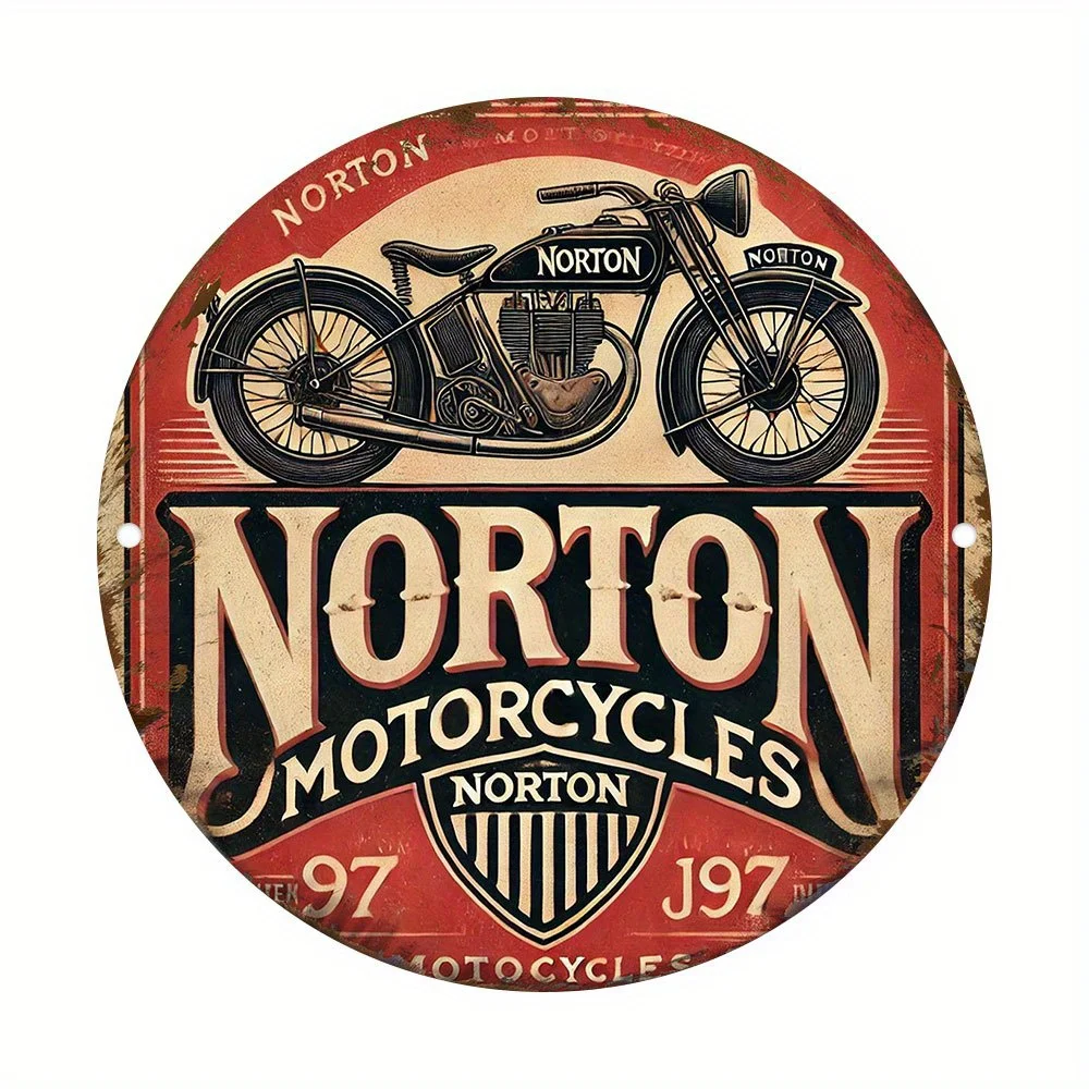 2D flach 1 Stück Retro NORTON Motorrad rundes Holzlogo – Retro-Wandkunst mit „NORTON Motorrad“-Text, geeignet für Garagen – Detail 7