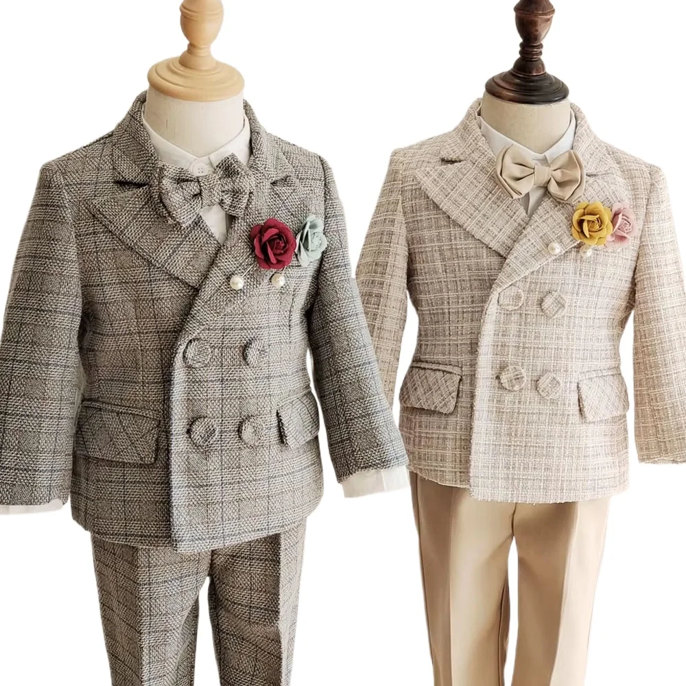 Formal Boys Suit Baby First Birthday New Year Party Wedding Suit Clothes Set Autumn Winter Thick Blazer Strap Pants Kids Dress