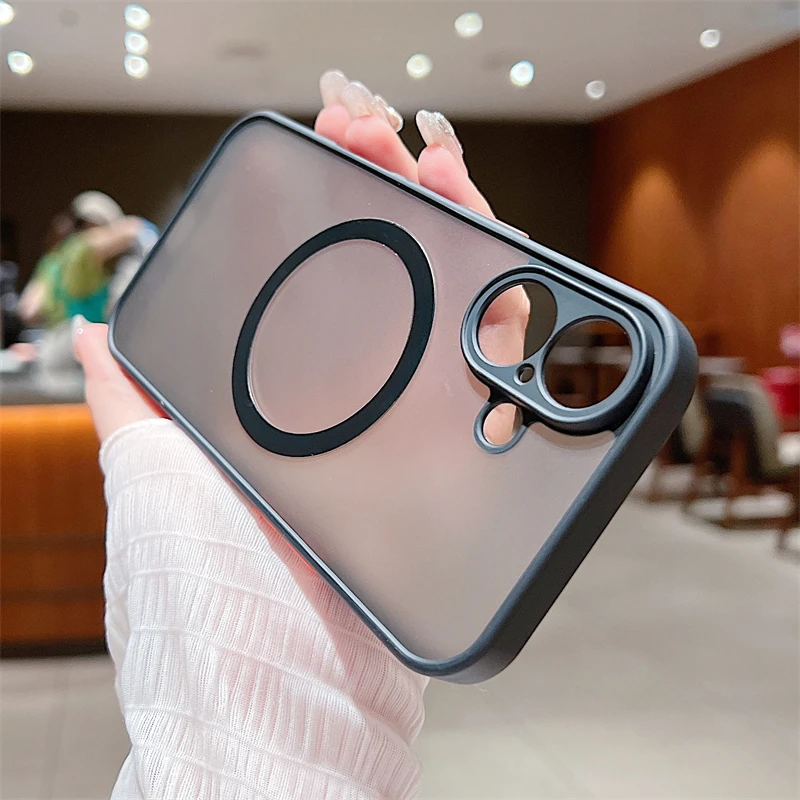 Custodia magnetica opaca di lusso Magsafe per iPhone 11 12 13 14 15 16 Pro Max X XS XR 7 8 Plus con ricarica wireless, trasparente, rigida per PC_voghion.com