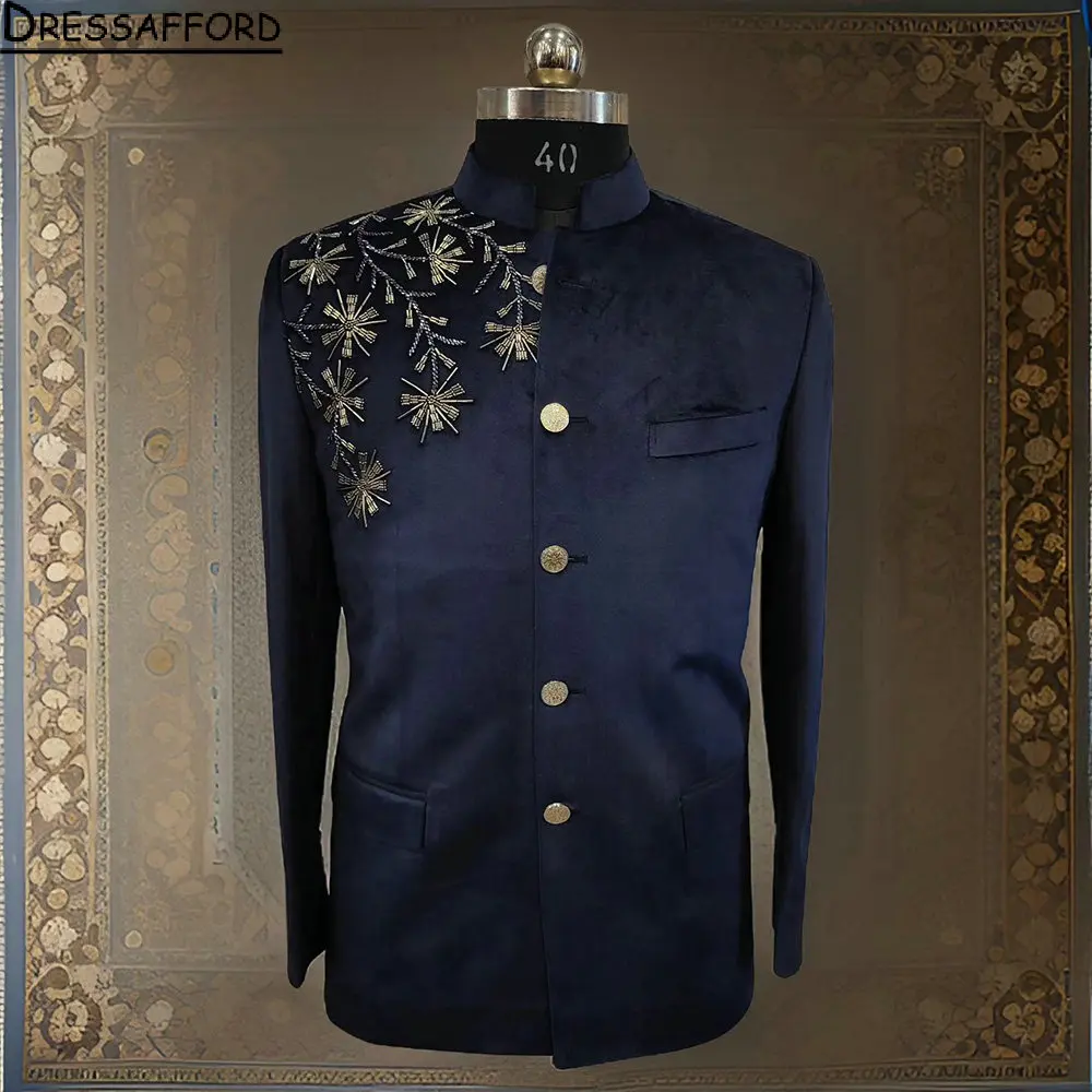 

Navy Blue Beading Crystal Men Suits Groom Wedding Tuxedos 2 Pieces Sets Dinner Prom Blazers Terno Masculino Completo