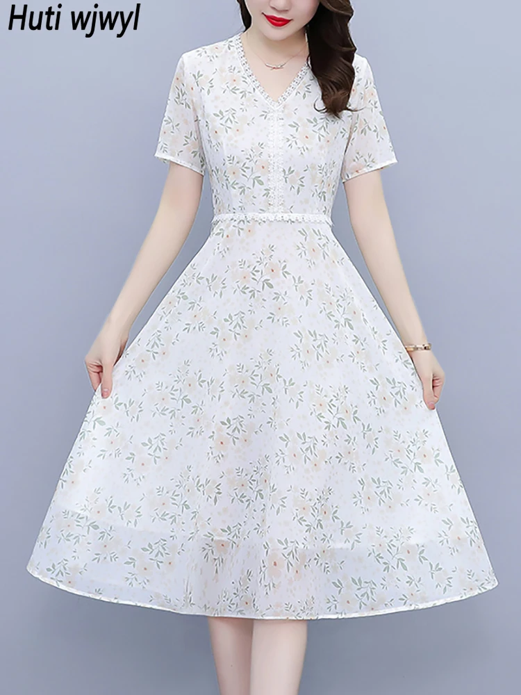 

White Floral Chiffon Casual Beach Outfits for Women Summer Short Sleeve Chic Sexy V-Neck Dress 2023 Krorean Elegant Party Dress