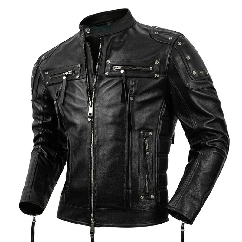 Men Leather Jacket Motorcycle Riding Cowhide Calfskin