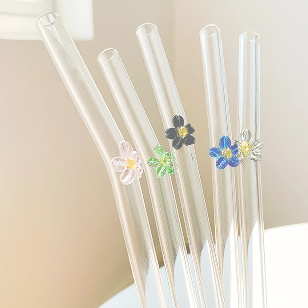 

High Borosilicate Glass Colorful Flower Straw Drinking Straw With Flower Decor And Cleaning Brush Suitable For Improving