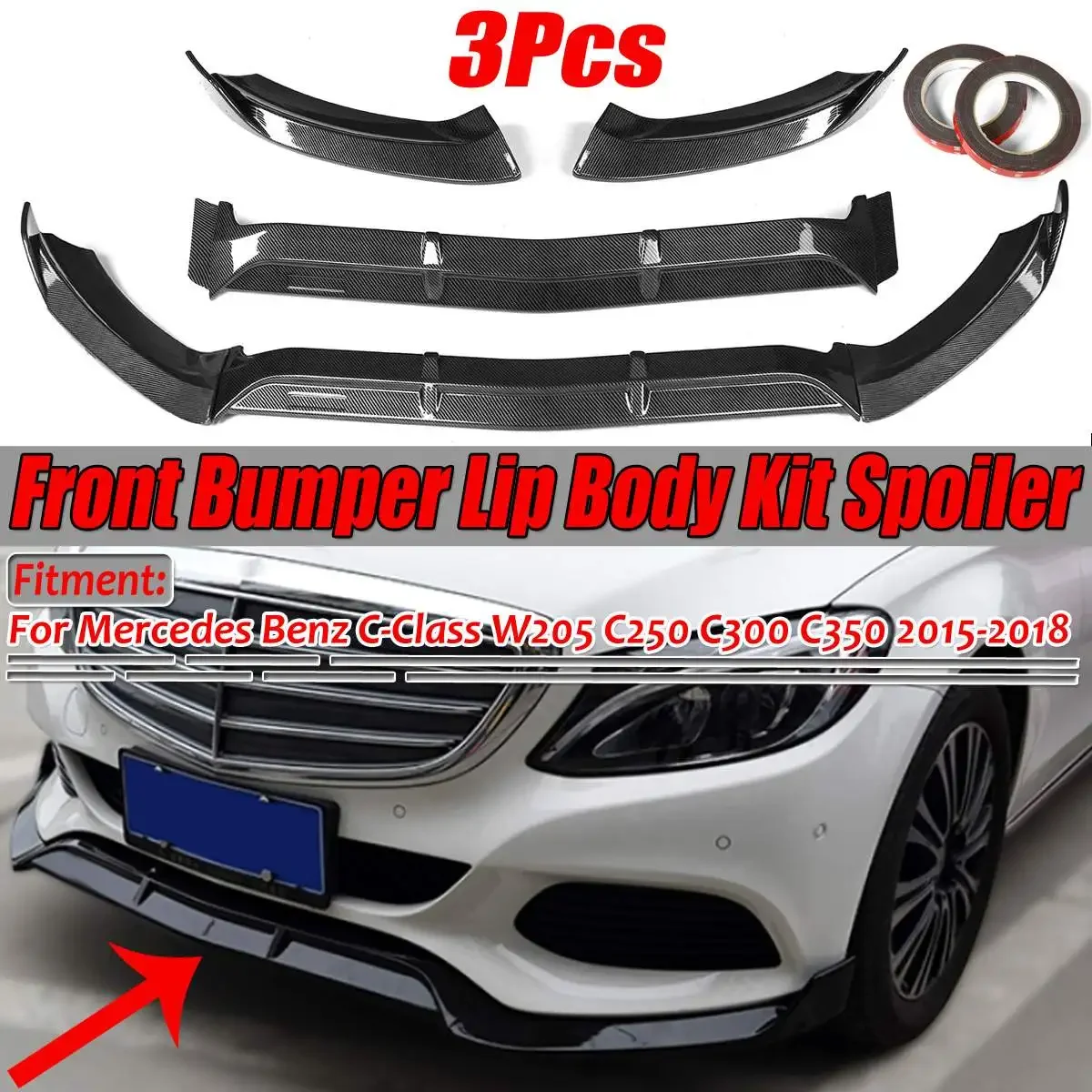 

W205 Car Front Bumper Splitter Lip Diffuser Guard Spoiler For Mercedes For Benz C-Class W205 C250 C300 C350 2015-2018 Body Kit
