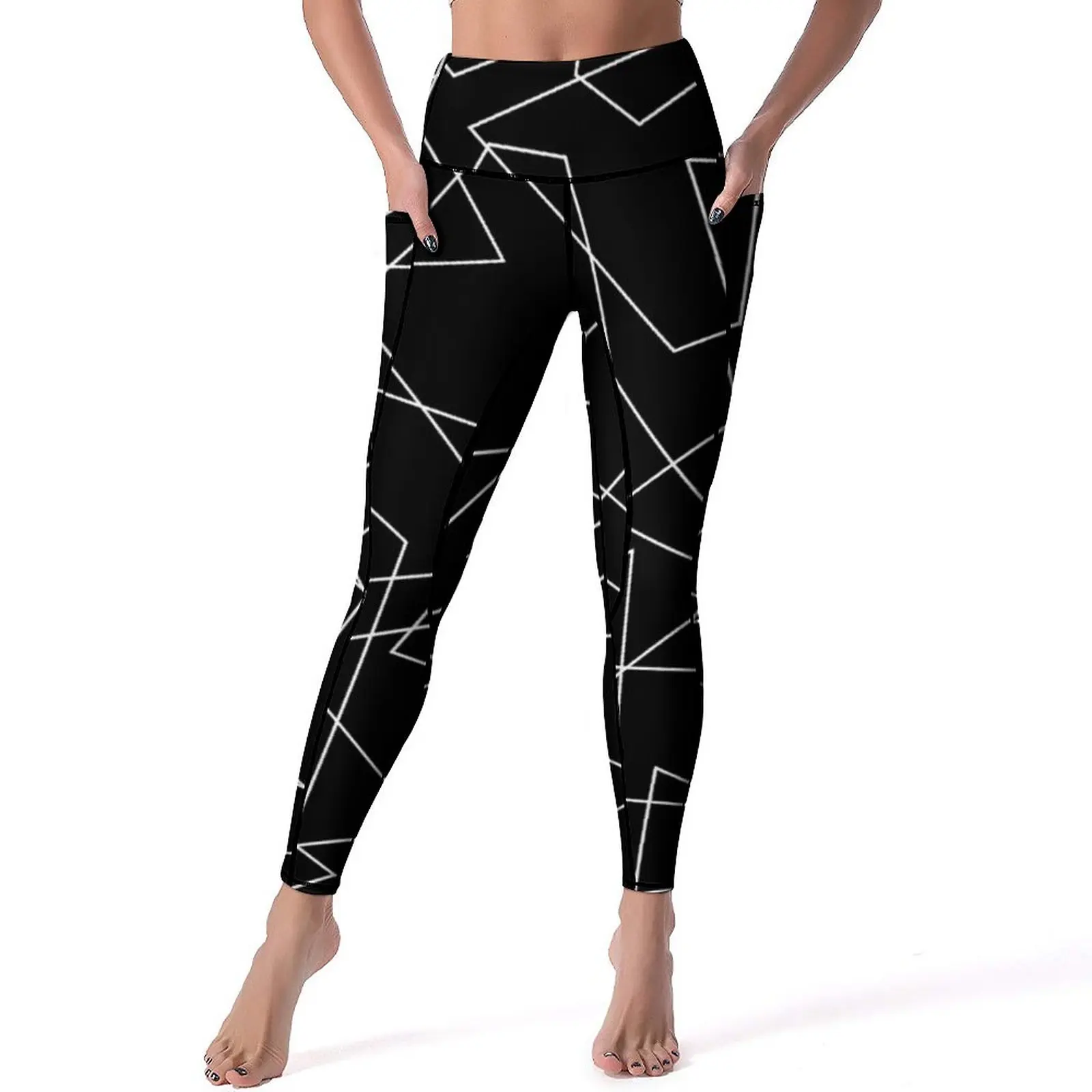 

Abstract Geometry Leggings Pockets White Line Print Design Yoga Pants Push Up Fitness Yoga Legging Funny Stretch Sport Pants