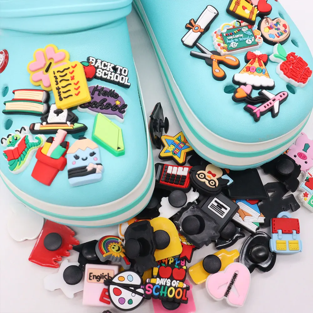 

Wholesale 50pcs PVC Shoe Charms School Bus Backpack Pencil Eraser Accessories Shoe Buckles For Croc Jibz Kids Party Present