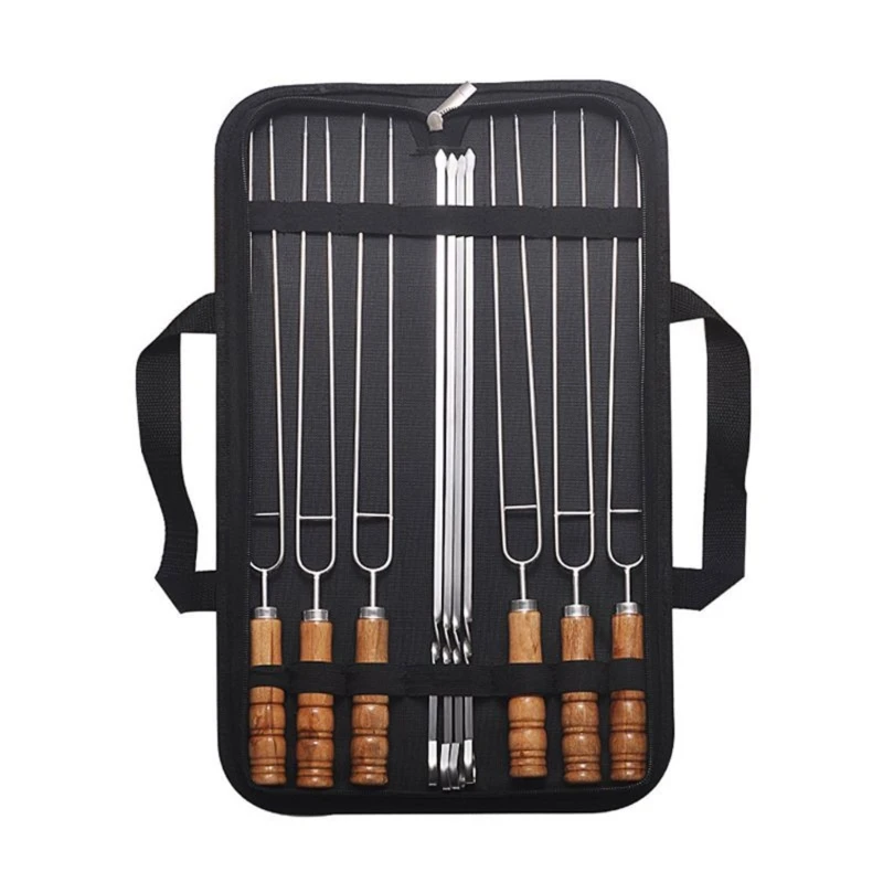 10Pcs Stainless Steel BBQ Skewers Set Double Fork Bbq String Beech Handle Sticks Bbq Skewers