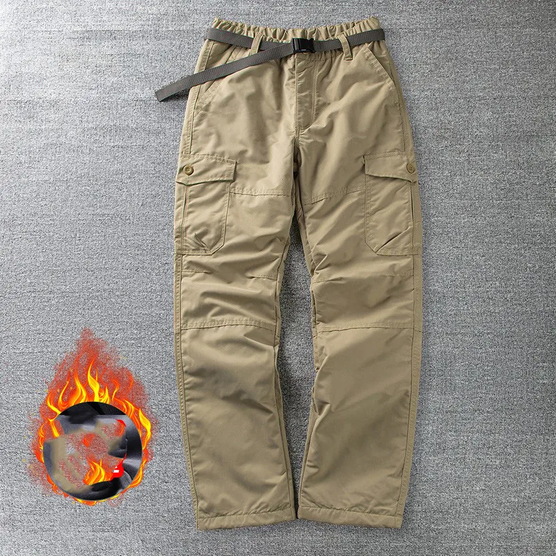Waterproof Outdoor Loose Soft Shell Pants Men's Straight Tube Casual Trousers Multi Bag Work Plush Longs Tooling Camping Stride