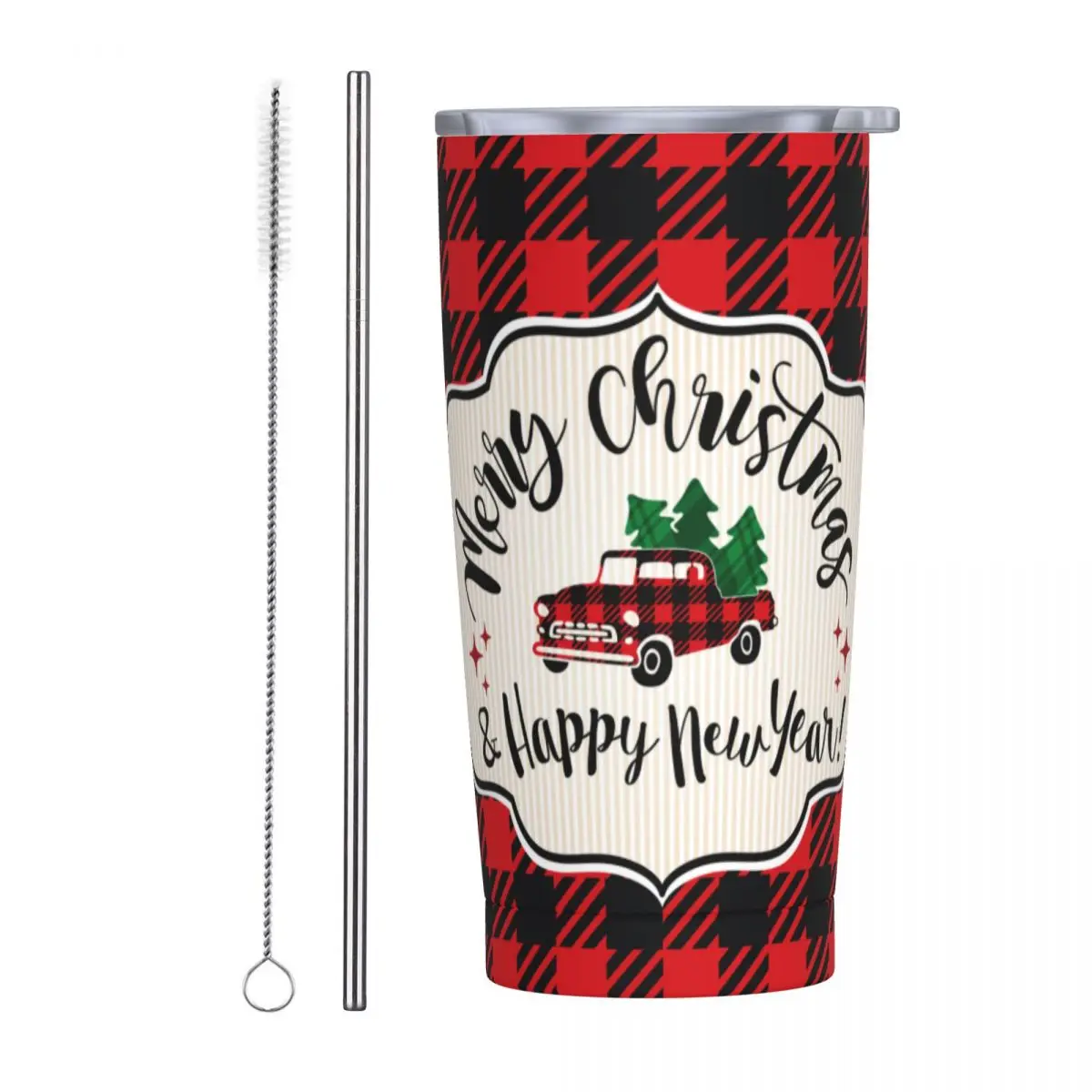 Рождественский грузовик, буйвол, черная, красная клетчатая лесоковая кружка с соломинкой, рождественский подарок, кружка из нержавеющей стали с вакуумной изоляцией, 20 унций