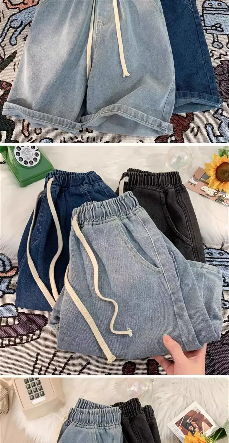 2025 New Korean Style Vintage Men's Jeans Summer Loose Male Wide Leg Knee Length Shorts New Washed Fashion Short Denim Pants 5