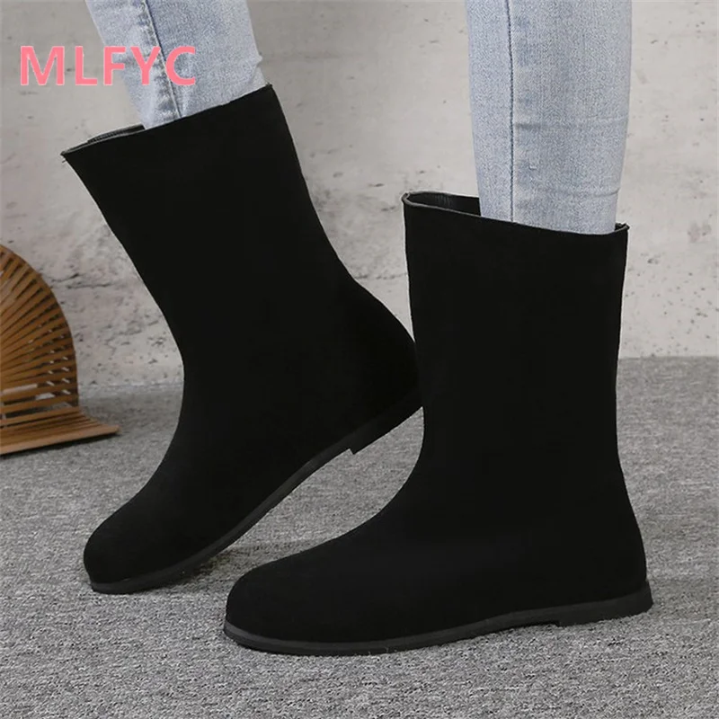 Retro Black Low Heel Short Boots Women's Autumn and Winter Single Boots Round Toe Flat Sole Socks Boots Elastic Boots