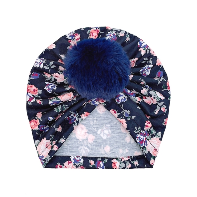 Large Faux Fur Ball Baby Toddler Turban Hat Vintage Floral Print Infant Headwrap Kids Muslim Bonnet Newborn Nursery P31B