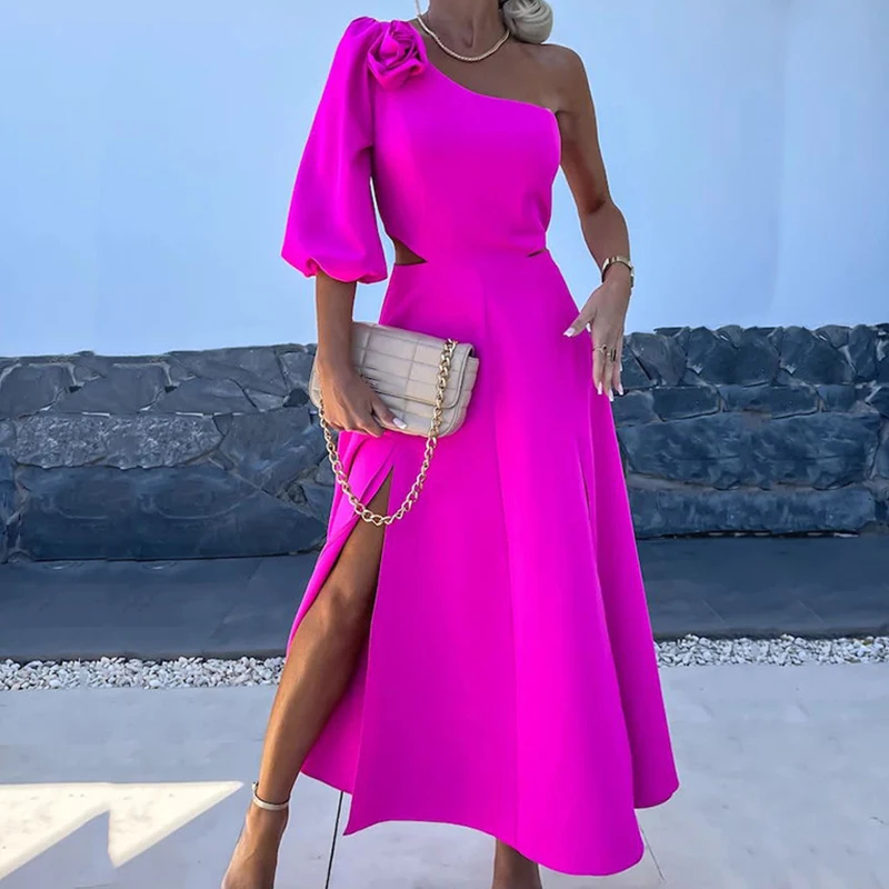 

Летнее платье-трапеция с пышными рукавами и косым воротником, элегантное яркое платье с открытой спиной, новое однотонное платье с разрезом, длинное платье