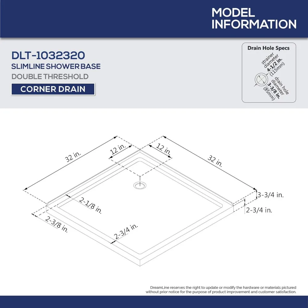 Corner Drain Double Threshold Shower Base in Black, DLT-1032320-88, 32 in. D X 32 in. W X 2 3/4 H Shower Base