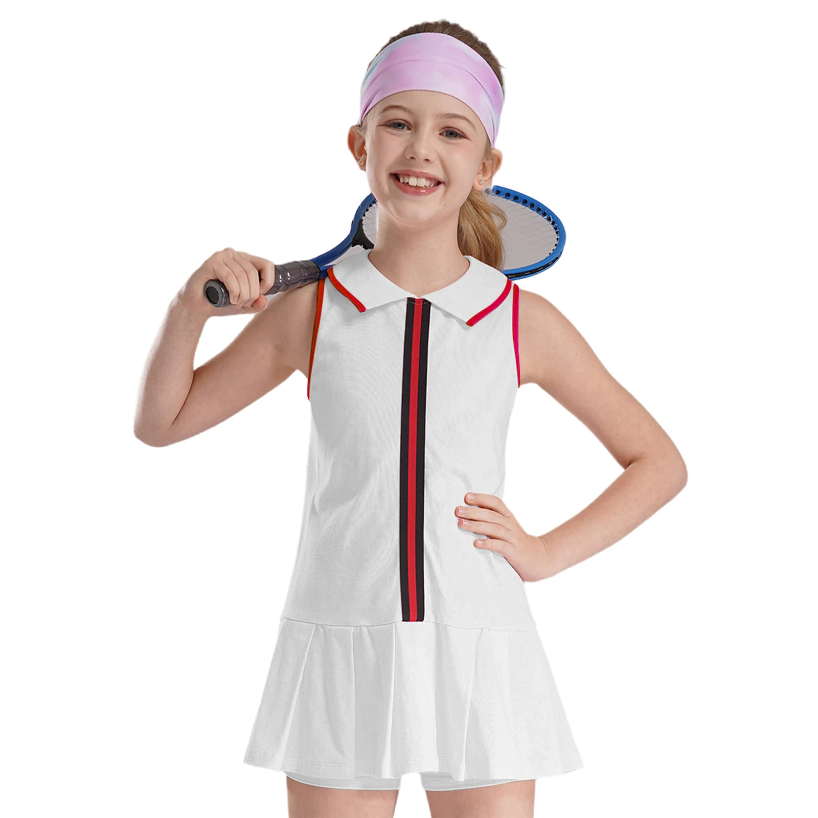 Kids Tennis Dress For Girls Turn-Down Collar Sleeveless Pleated Dresses With Shorts For Sports Cheerleading Badminton Golf Dress