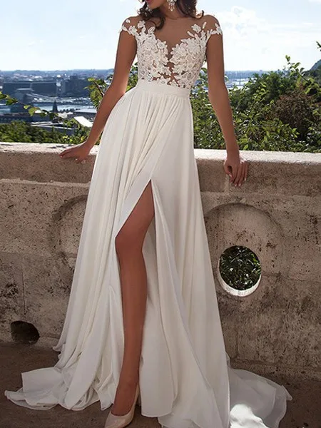 

2024 Sexy Lace Split Evening Dress Spring Summer Women Short Sleeve Dress Fashion Floor-length Wedding Dress White Party Dress