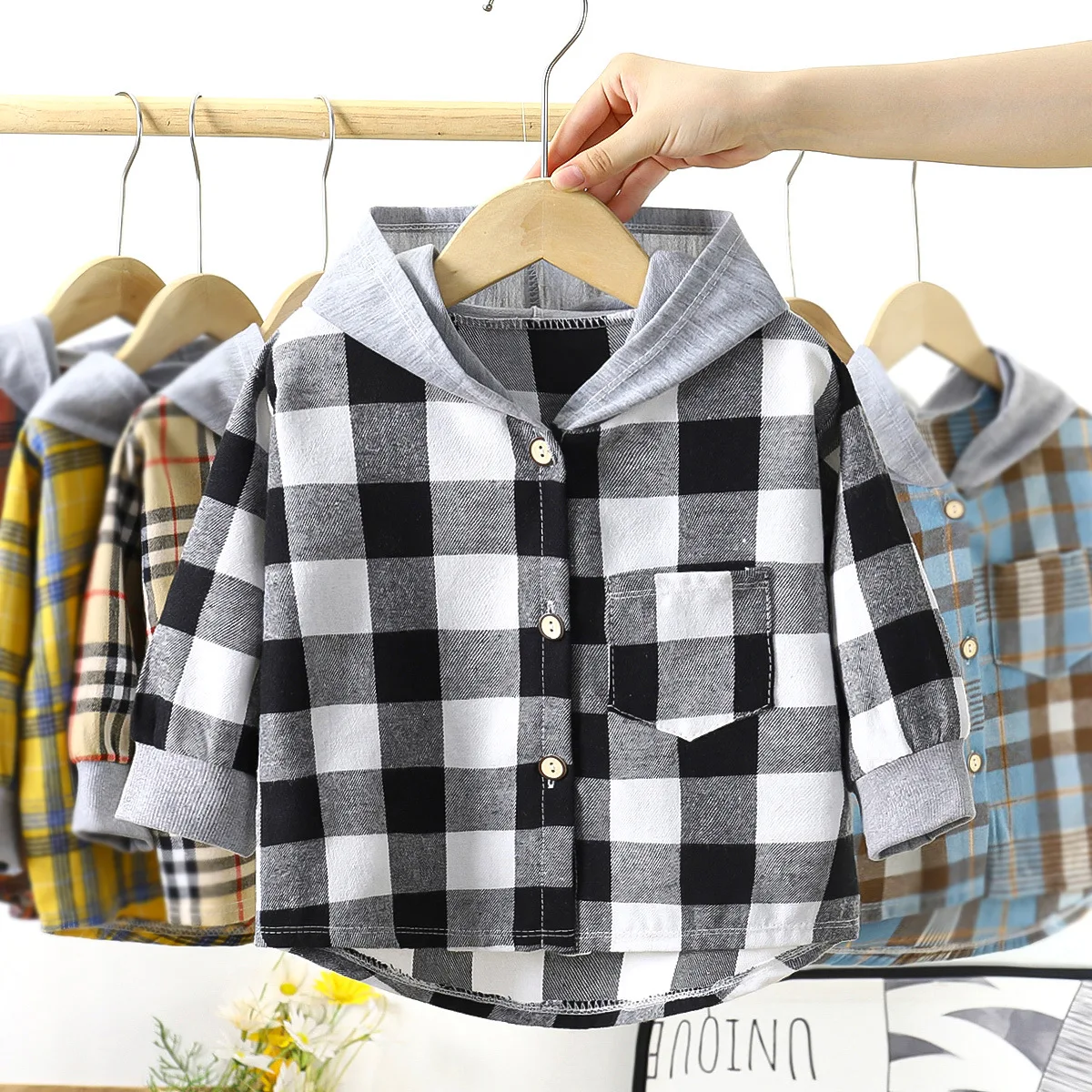 Children Shirts Girls and Boys Hooded Shirts Kids Combed Cotton Plaid Tops  Spring and Autumn Long-Sleeved V-Neck Casual Coat