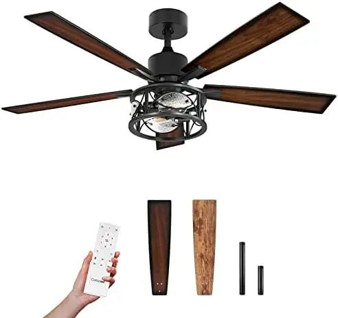 Ceiling Fan With Lights, 52 Inch Farmhouse Indoor Ceiling Fan With Remote, Quiet Reversible DC Motor, 5 Double Finish Wood Blade