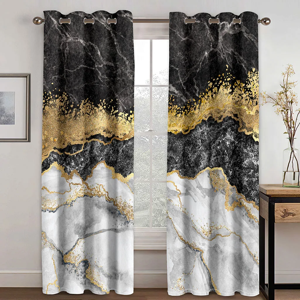 

Classic Luxury Gray Gold Marble Texture Modern 2 Pieces Thin Shading Window Curtain For Living Room Bedroom Decor Free Shipping