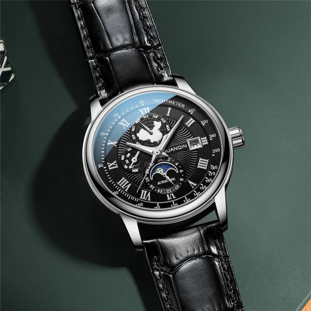 GUANQIN Reloj de pulsera mecánico de cuero luminoso con cristal de zafiro y fase lunar para hombre, relojes deportivos, reloj de pulsera automático multifunción_voghion.com